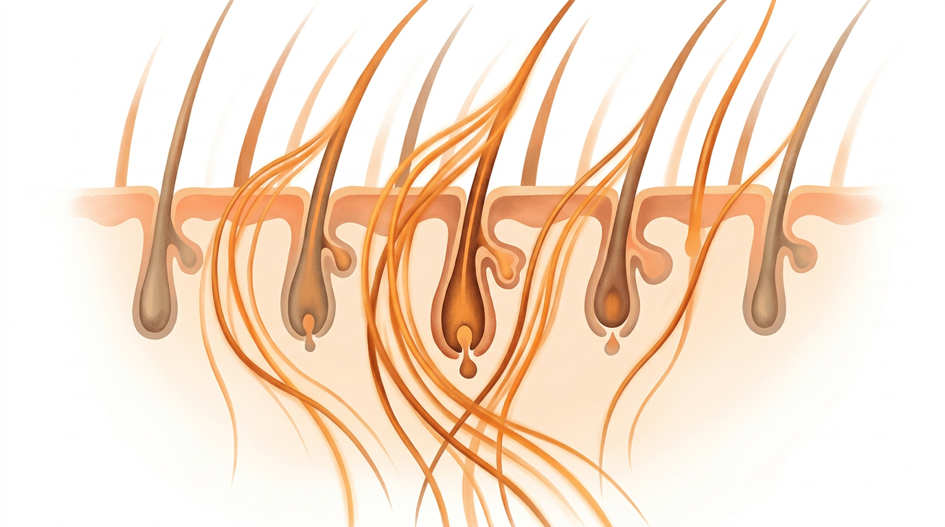 A stylized scientific illustration showing a cross-section of the skin with multiple hair follicles and shafts at various stages of growth.