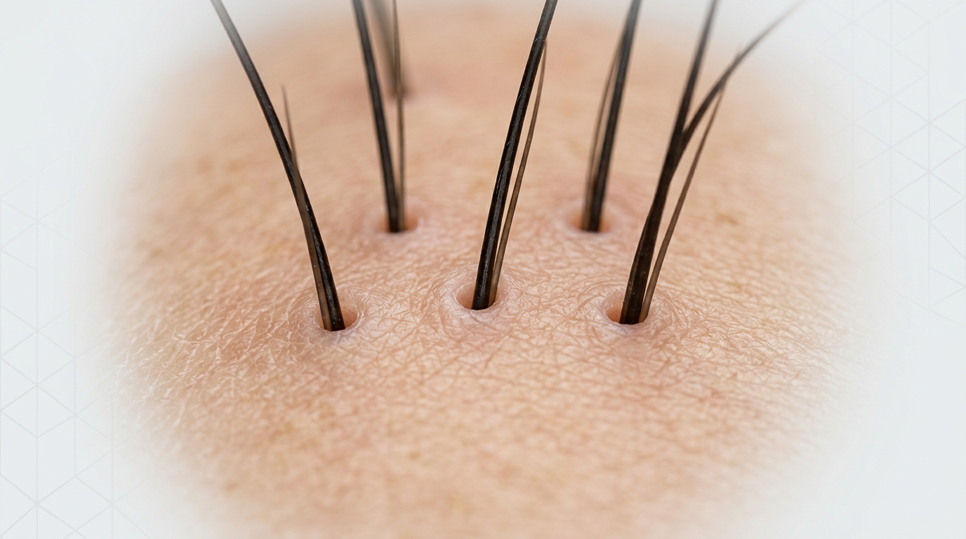 A macro close-up showing hair strands emerging from follicles on the scalp, illustrating hair growth biology.